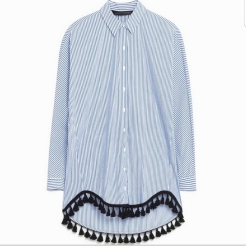 Zara Striped Tassel Trim Button Down Tunic Top XS
